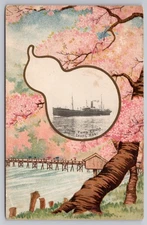 1912 Japan Art Border SS Inaba Maru Steamer, Yusen Kaisha Japanese Ship Postcard