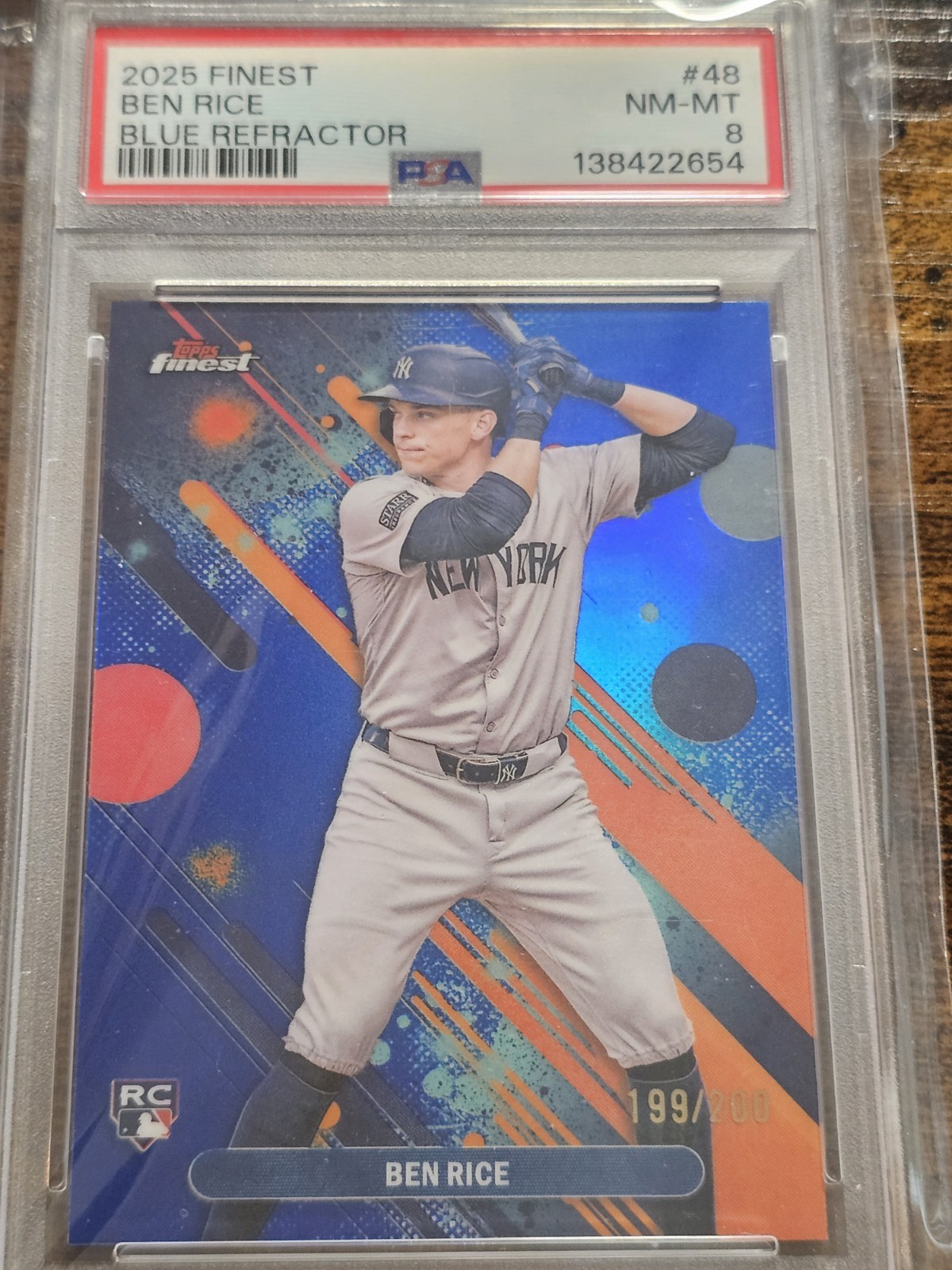 2025 Topps Finest #48 Ben Rice RC True Blue Refractor Common #d 199/200 PSA 8 SP