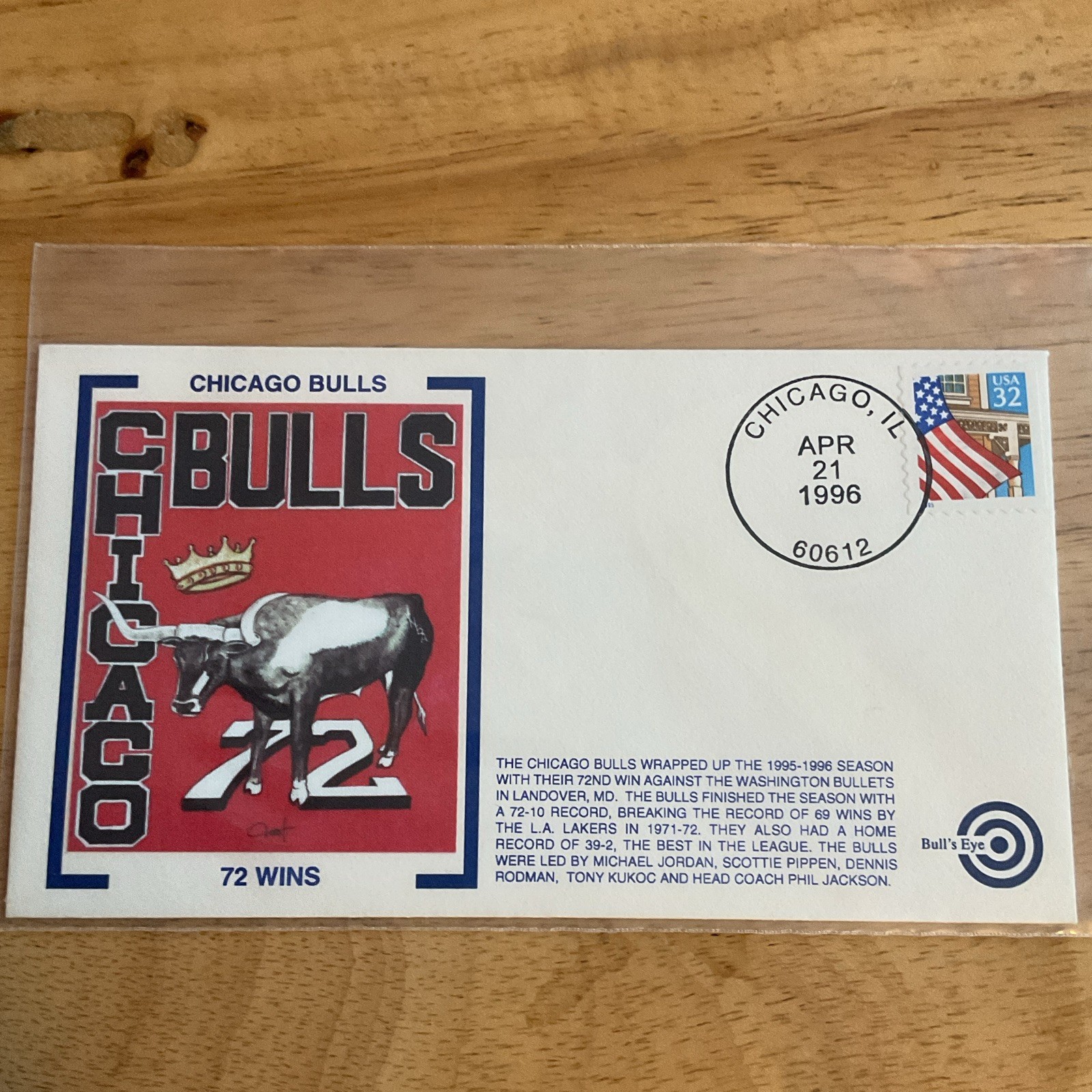 Sobre de cubierta Bull's Eye Chicago Bulls 72 victorias Michael Jordan 21 de abril 1996 67/100