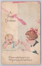 Happy Christmas Little Girl And Baby Split Wishbone 1918 Udb Damaged Postcard Happy Christmas Little Girl And Baby Split Wishbone 1918 Udb Damaged Postcard