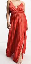 ASOS DESIGN Curve red maxi dress with plunge neck, pleats and small slit size 14