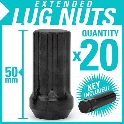 (20) 14x1.5 M14x1.5 50mm Wheel Spline Lug Nuts Tuner Black Conical w/ Key