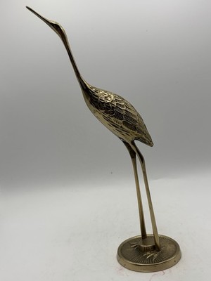 Vintage Brass Crane Egret Heron Figurine on Pedestal 12 Inches Tall Mid Century