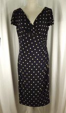 LAUREN RALPH LAUREN Black Tan Polka Dot Stretch Jersey Ruched Sheath Dress 12
