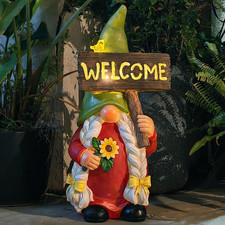 22" Solar Large Gnome Lady Garden Statue Big Female Gnome with Welcome Sign Outd