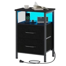 Nightstands, Night Stand with Charging Station and Led Lights, Bedside Table ...