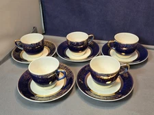Vintage Aristocrat by Salem China Co Blue & 23kt Gold Demitasse Cups and Saucers
