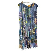 90s Blue Patchwork Floral Garden Tiered Pleated Maxi Skirt One Size Hippie Fairy