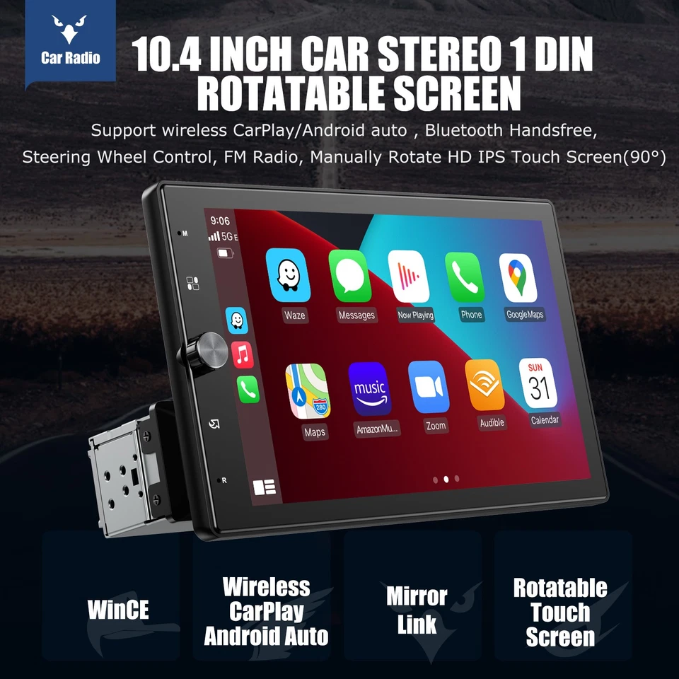 10.4" Wireless Apple CarPlay Android Auto Single 1 DIN Car Stereo Radio +MIC&CAM - Image 2 of 4