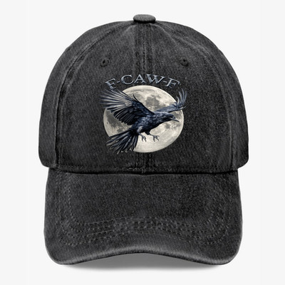 F-CAW-F Gothic Raven Moon Vintage Washed Dad Hat Spooky Crow Baseball Cap