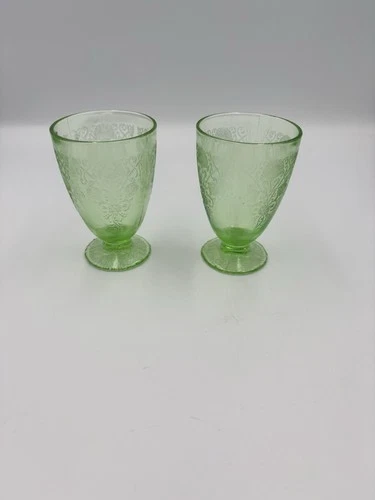 Vintage Uranium Glass Etched Floral Goblets Pair Green UV Reactive Depression