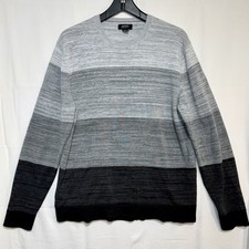 Alfani Mens Regular Fit Cotton Crew Neck Colorblock Stripe Sweater Grey Black L