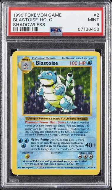 1999 POKEMON GAME SHADOWLESS #2 BLASTOISE-HOLO PSA 9