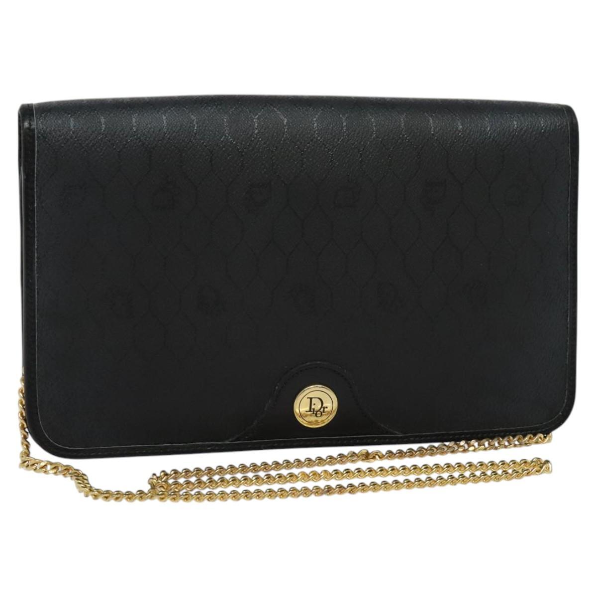 Authentic Christian Dior Black Honeycomb Canvas Chain Shoulder Bag Gold Hardware