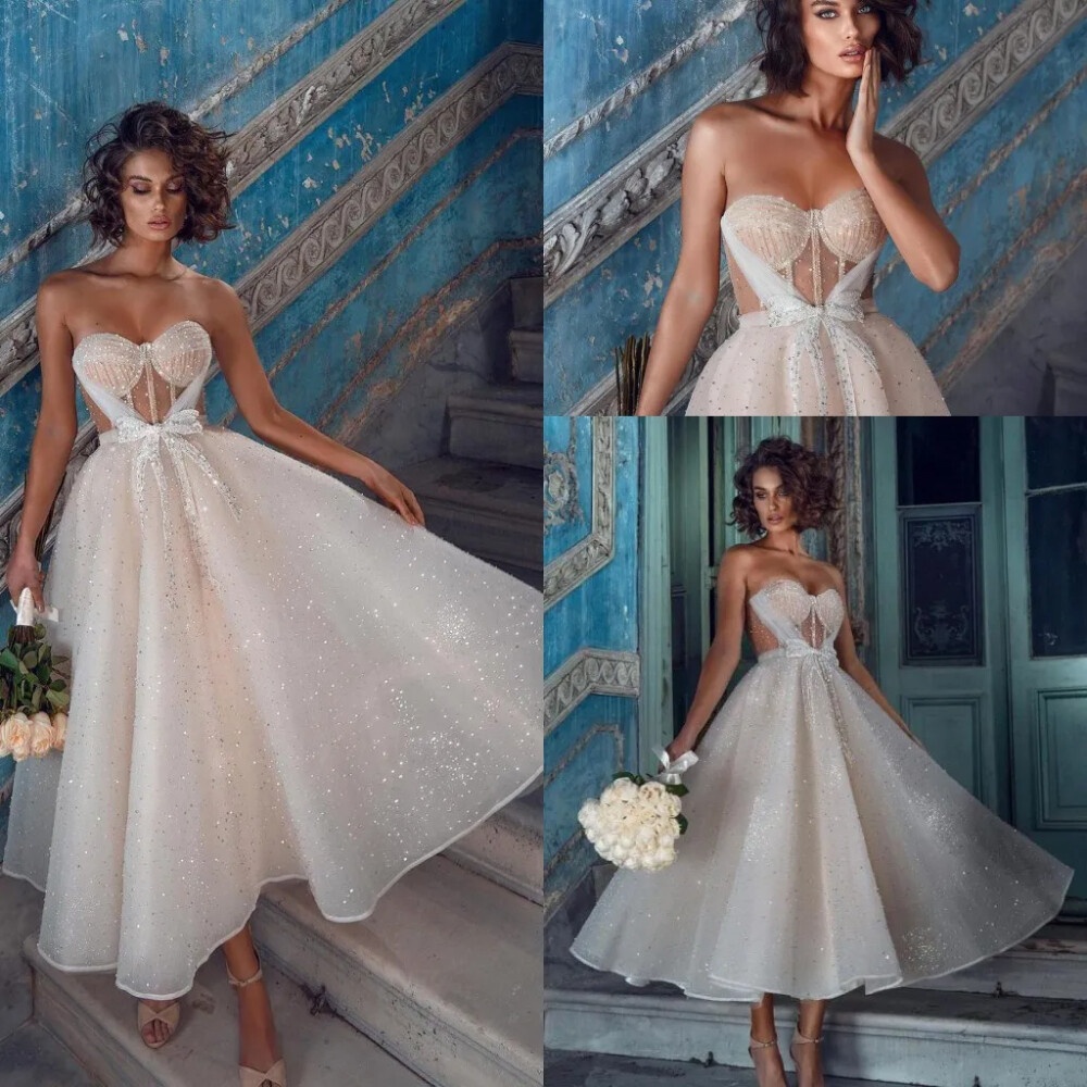 Sparkle Wedding Dresses Tea Length Tulle Beaded with Bow