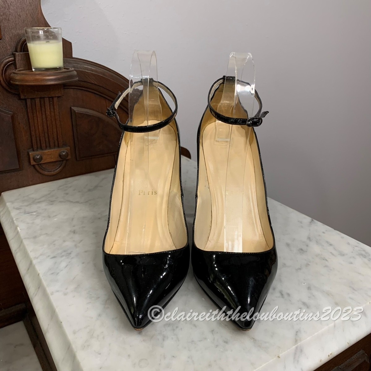 Christian Louboutin Halte 100 Black Patent Ankle Strap Pumps