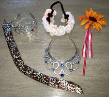4 pc GIRLS FLOWER HEADBAND STRETCH WAND TWO SILVER TIARAS sparkles LEOPARD TAIL