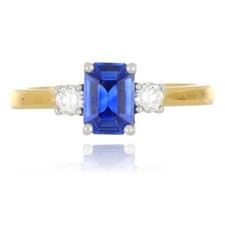 18ct Yellow Gold 0.95ct Emerald Cut Sapphire And Diamond 3 Stone Ring