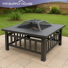 32" Black Square Metal Free Standing Fire Pit for Yard and Patio w Accessories