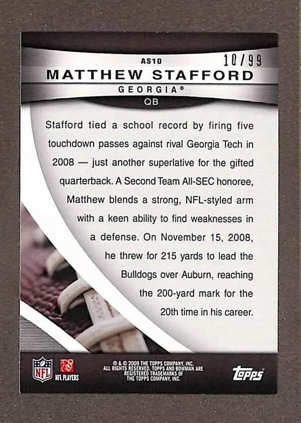 2009 Bowman Draft Picks 09' All-Stars Bronze #AS10 Matthew Stafford Rookie /99 - Image 2 of 3