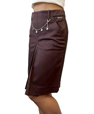 CELINE Vintage Logo Chain Skirt #34 Brown Medium Length Cotton Zip