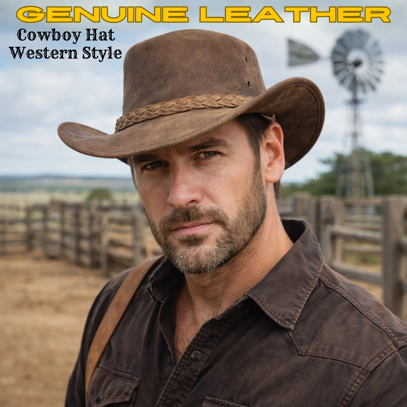 Real Leather Cowboy Hat Mens Vintage Chinstrap Australian Western Style Bush Hat