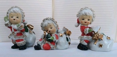 Rare 3 Piece Set Vtg 1950 s Semco Christmas Pixie Girl Trio Spaghetti Japan HTF 