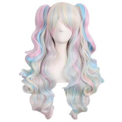 MapofBeauty Multi-color Lolita Long Curly Clip on Ponytails Pink/Blue/Blonde 
