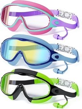 3 Pack Kids Swimming Goggles with Earplugs, Large Frame Anti-Fog/UV Wide View