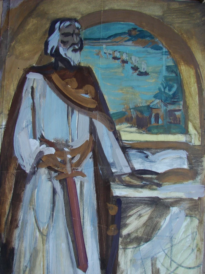 Ukrainian Soviet gouache Painting historical portrait duke Kyiv Bouchukism Art - Image 2 of 4