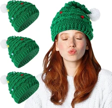Jeyiour 3 Pieces Christmas Tree Hat Winter Knitted Crochet Beanie Christmas Knit