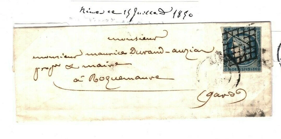 FRANCIA Cubierta USO MUY TEMPRANO 25c CERES 17 de julio de 1850 Aviñón EL{samwells}SN12 Foto 2 de 4