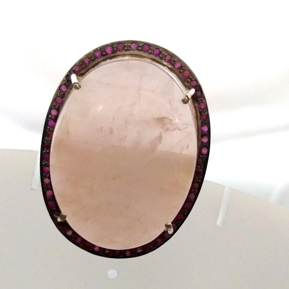 Anillos de cóctel de cuarzo rosa, anillos de plata de ley 925 con piedras preciosas para ella Foto 4 de 4