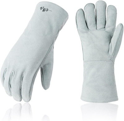 Vgo 1-Pair Cow Split Leather Welding Gloves for Oven, Grill, Fireplace, Stove,