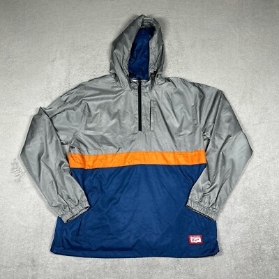 Onitsuka Tiger Windbreaker Jacket Mens XL Gray Blue Orange Full Zip Hooded ASICS