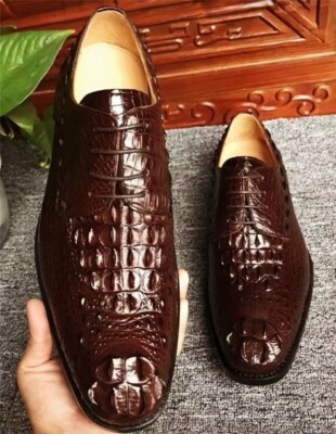 Genuine Handmade Mens Brown Leather Shoes Crocodile Pattern Lace-Up Formal Dress
