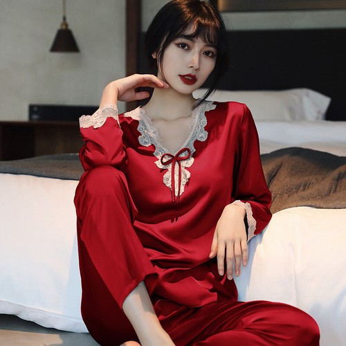 Womens Silk Satin Pajamas Pyjamas Long 