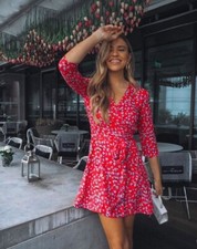 Dancing Leopard Zeina Red Ditsy Floral Mini Wrap Dress Size 8