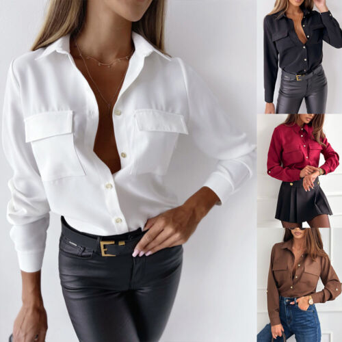 Women V-Neck Shirt Long Sleeve Casual Tops Ladies Holiday Button Down Blouse US