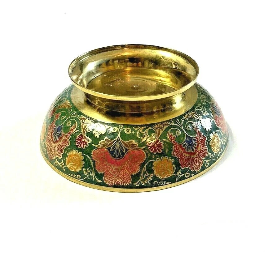 Hermoso Antiguo Latón Esmalte Cuenco Pedestal Mughal Moradad Plato Cloisonne Dorado Foto 4 de 4