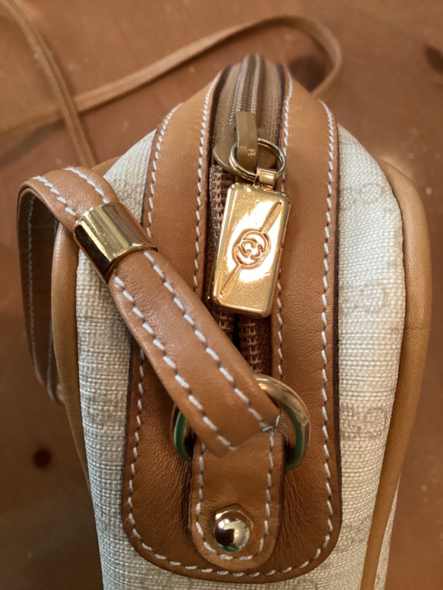 VINTAGE GUCCI IVORY MICRO GG COATED CANVAS W/ LEATHER