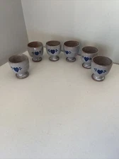 Lot  6 Vintage NC  Pottery Egg Cups Glaze Blue Heart 1987 Signed Owens Jugtown