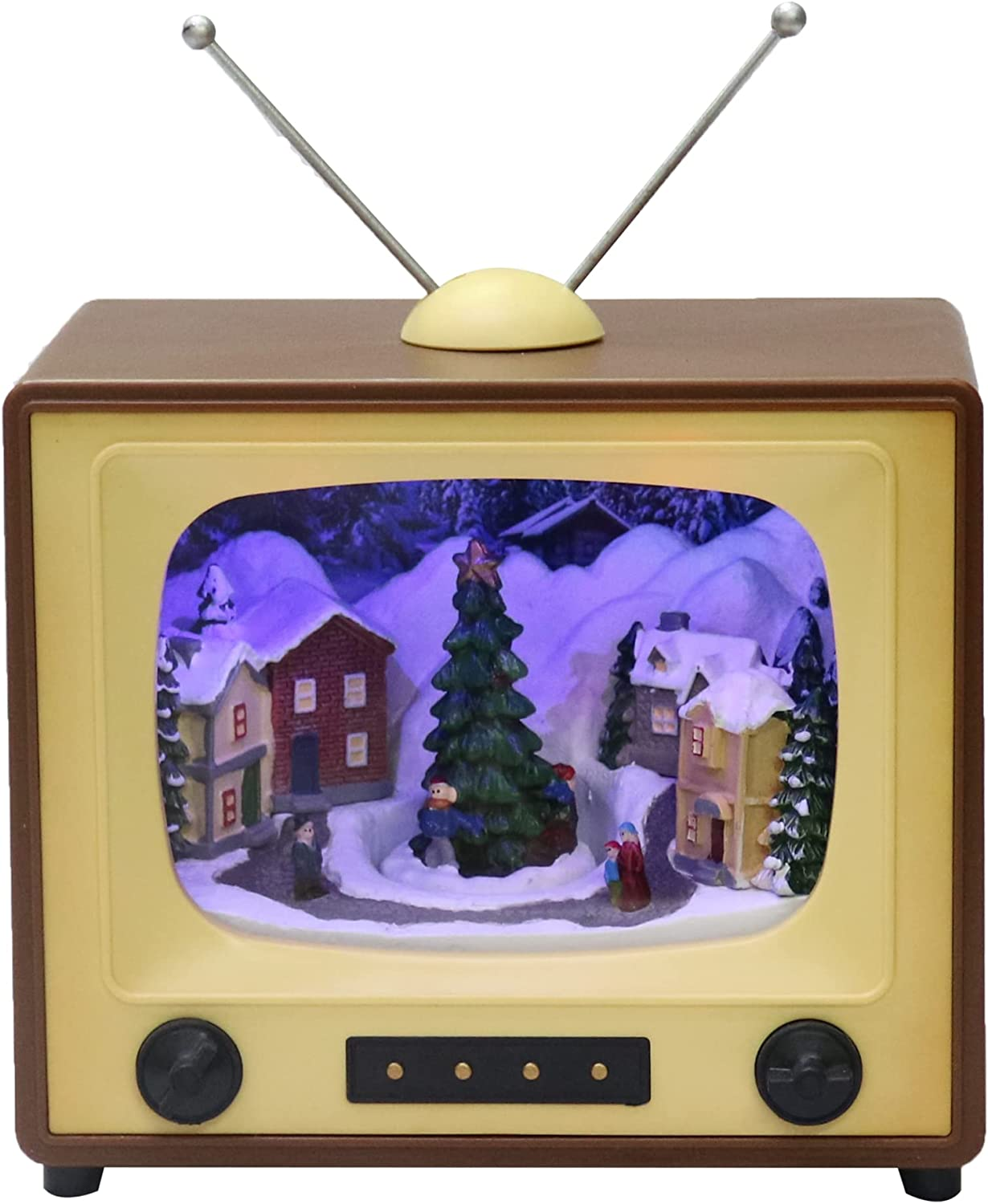 Christmas Decor Brown Retro Vintage TV Music Box with Animated Train