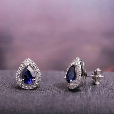 2Ct Pear Cut Simulated Sapphire Women's Stud Earring 14K White Gold Plated