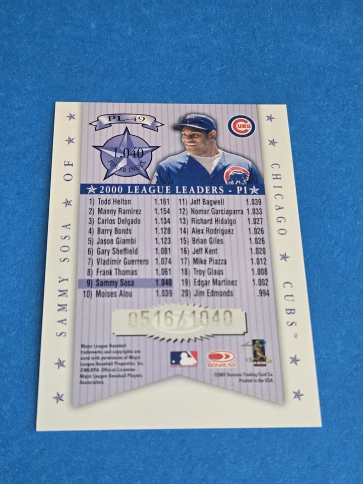 SAMMY SOSA  - 2001 DONRUSS - PRODUCTION LINE INSERT CARD  /1040 - Image 2 of 2