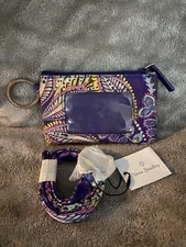 Vera Bradley  ID Case Wallet Card Coin Purple Batik Leaves RARE NEW Lanyard