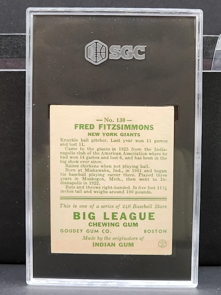 1933 Goudey Fred Fitzsimmons #130 SGC 4.5 New York Giants - Image 2 of 2