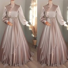Satin Muslim Wedding Dresses Long Sleeve High Neck Beaded Elegant Bridal Gowns