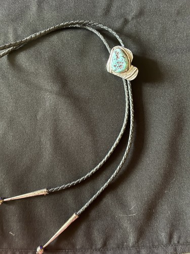 Men's Western Bolo Tie Black Leather Cord Silver Teardrop Turquoise Slide