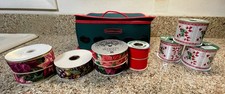 Christmas Ribbon Lot 8 Rolls  Storage Bag   Holiday Fabric  Satin Ribbon Set